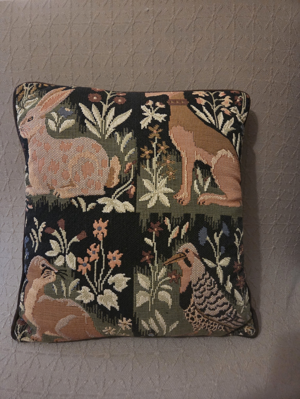 Vintage Robert Allen  Woodland Animal Tapestry Throw Pillow in Black and Pink